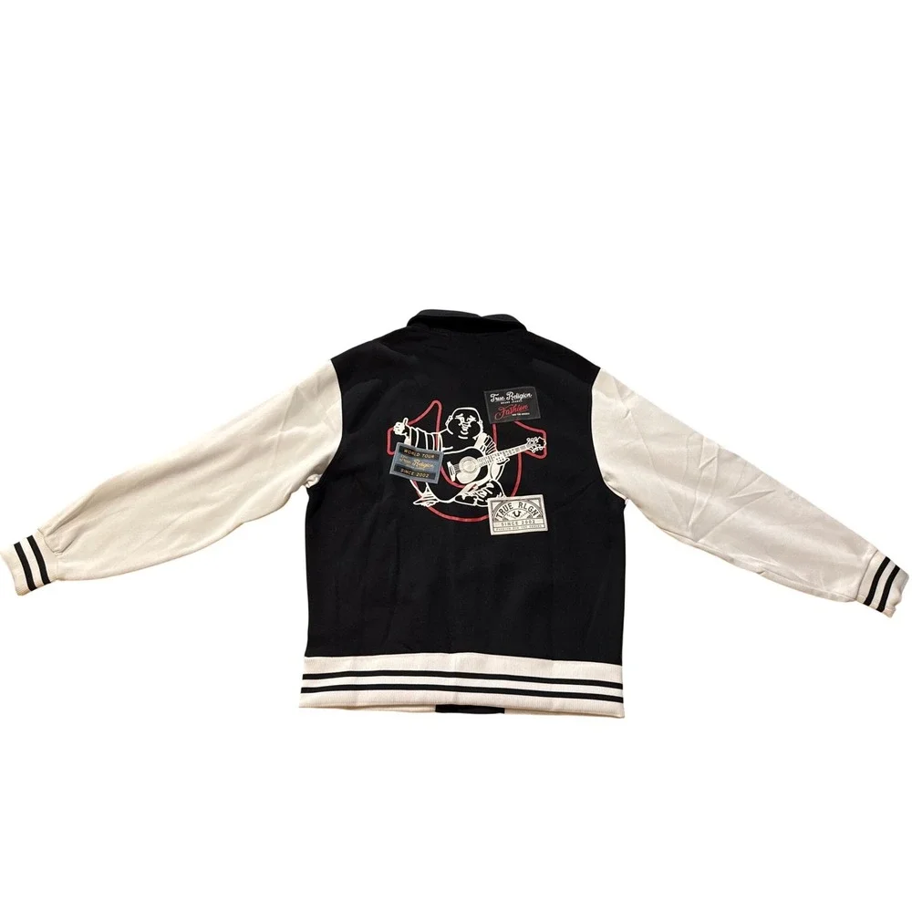 NEW True Religion Varsity Jacket Large‎ NWT Black White Buddha Fleece Size M